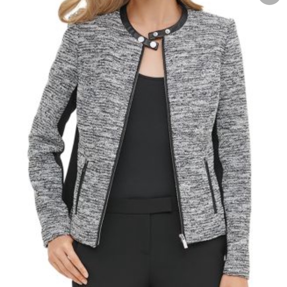 Calvin Klein NWT Moto Leather Tweed Jacket Black White
